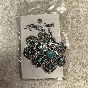 Silver-Tone and Faux Turquoise Flower Drop Earrings